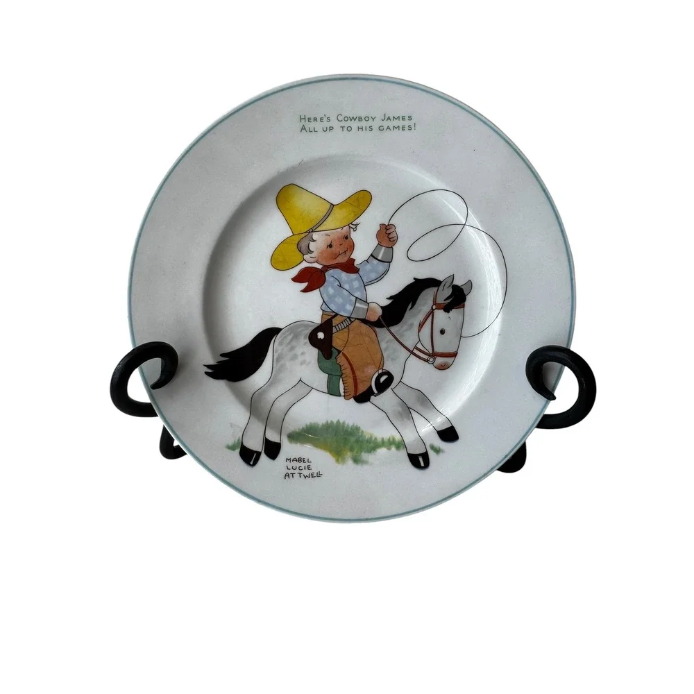 Vintage Mabel Lucie Attwell Cowboy James Childrens Dinnerware Set Plate Bowl Mug